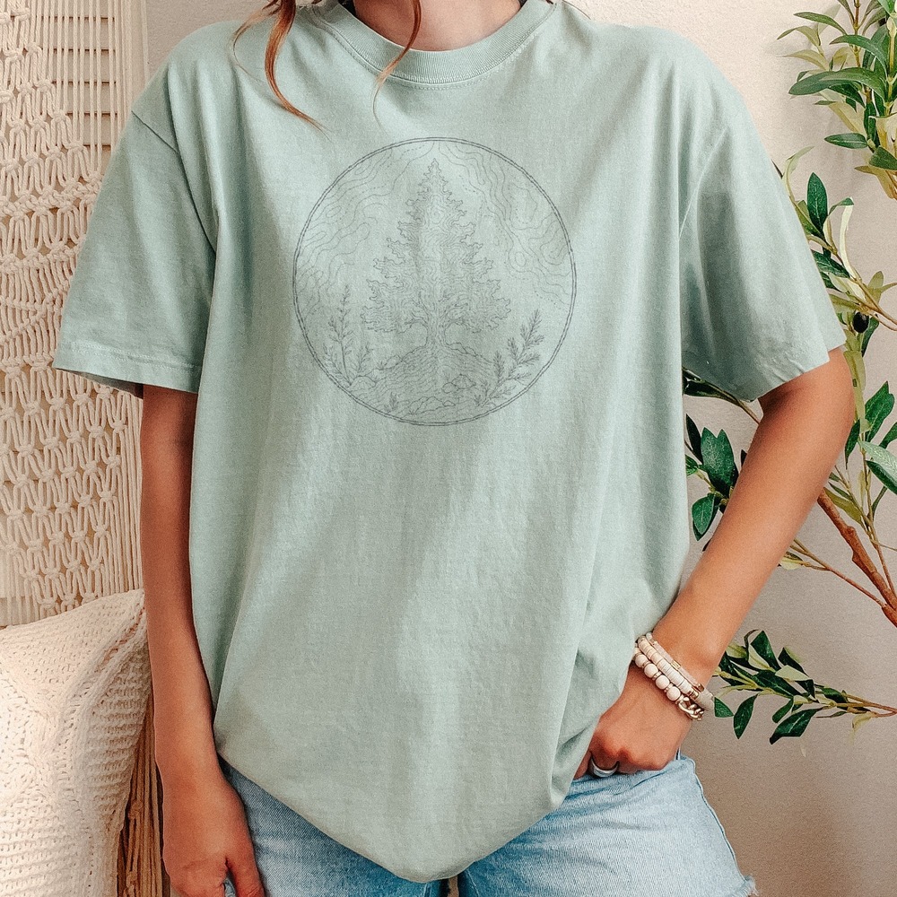 Conifer Tree Mapped in Topographic Lines Badge Tee